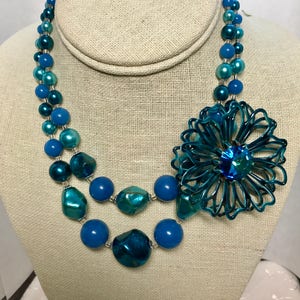 Turquoise Teal Peacock Multi Two 2 Strand Bead Vintage OOAK Upcycled Antique Altered Statement Wedding Assemblage Lucite Necklace Doodaba