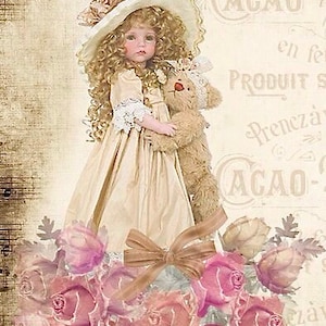 Vintage Victorian Pink Girl Hat Teddy Bear Graphic Image Art Fabric Block Doodaba Barbiecore