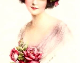 Vintage Victorian Lady Roses Graphic Image Art Fabric Block Doodaba 6.5 x 10 Barbiecore
