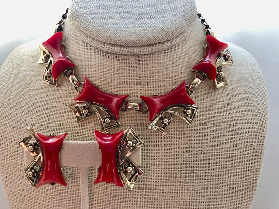 Vintage Red Bows Thermoset Parure Set Valentine B… - image 3