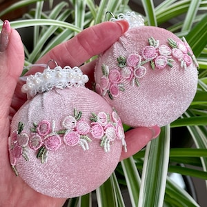 Christmas Pink Velvet White Pearls Embroidered Roses Trim Ball Ornaments Set of 2 Barbiecore Shabby Chic Shatterproof Handmade Doodaba
