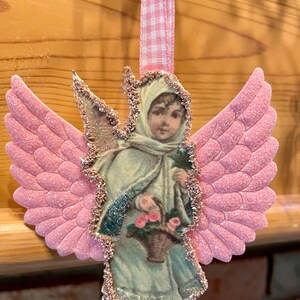 Vintage Pink Image Angel Cherub Wings German Glass Glitter Ephemera Cardstock Christmas Ornament Shabby Chic Handmade Doodaba