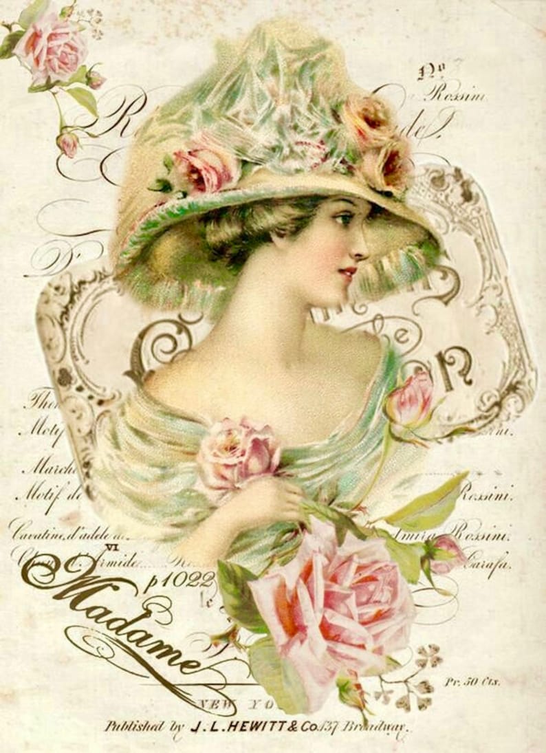 Vintage Victorian Woman Lady French Pink Roses Graphic Image Art Fabric ...