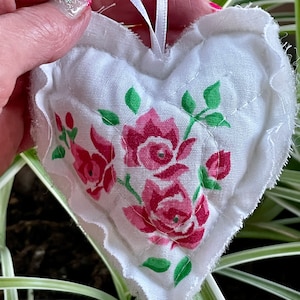 Vintage Pink Roses Quilted Heart Ornament Shabby Chic Barbiecore Handmade Doodaba