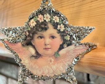 Vintage Image Angel Cherub Pink Star Gold German Glass Glitter Ephemera Cardstock Christmas Ornament Shabby Chic Handmade Doodaba