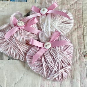 Valentine Pink Mauve White Yarn Wrapped Hearts Christmas Ornaments Buttons Bows Set of 3 Shabby Chic Barbiecore Handmade Doodaba