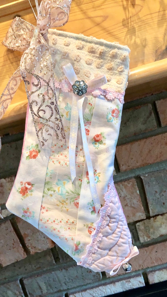 Mauve Pink Blush Roses Christmas Quilted Stocking Baby Girl 