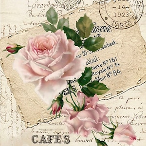 Vintage Pink Rose Postmark Postcard Graphic Image Art Fabric Block Doodaba