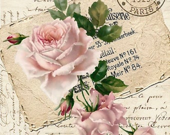 Vintage Victorian Pink Rose Postmark Postcard Graphic Image Art Fabric Block Barbiecore Doodaba