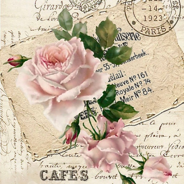 Postal con matasellos de rosa victoriana vintage con imagen gráfica, bloque de tela, Barbiecore Doodaba