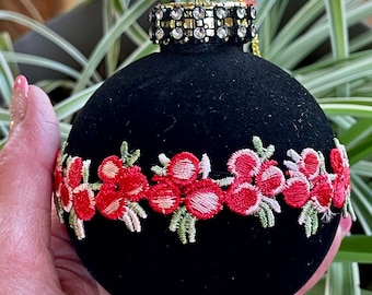 Christmas Black Red Embroidered Roses Rhinestone Trim Flocked Velvet Ball Ornament Shabby Chic Handmade Doodaba