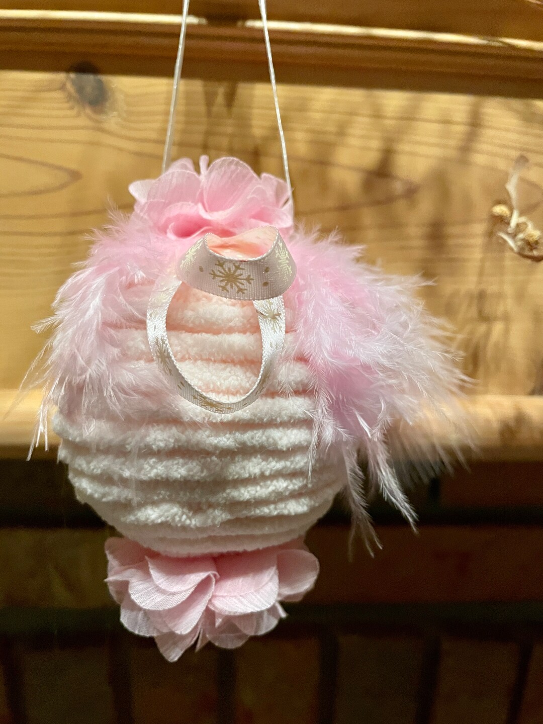 Pink Chenille Yarn Organdy Flower Feathers Ball Bauble Christmas