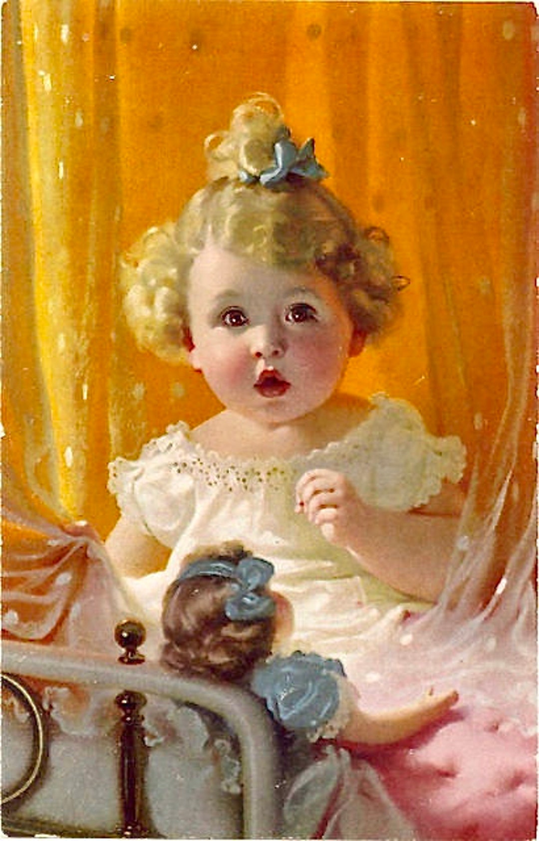 Vintage Victorian Baby Doll Bed Graphic Image Art Fabric Block