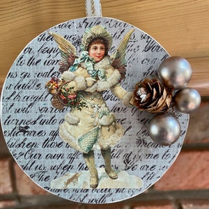 Christmas Angel Pinecone Scrap Relief Die Cut Script Words Decoupaged Ephemera Wood Ornament Shabby Chic Handmade Doodaba