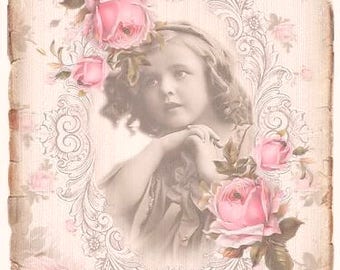 Vintage Victorian Pink Roses French Girl Graphic Image Art Fabric Block Barbiecore Doodaba