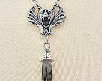 Goth Gothic Bat Gargoyle Pendant Necklace Black Tourmaline Quartz Doodaba
