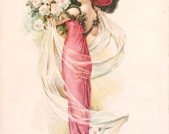 Vintage Victorian Pink Harrison Fisher Woman Valentine Graphic Image Art Fabric Block Doodaba Barbiecore