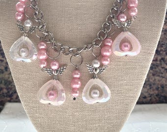 Angel Hearts Pink White Assemblage Statement Necklace Doodaba