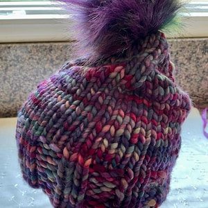 Hand Knit Merino Wool Beanie: Blue Purple Aqua Variegated Yarn