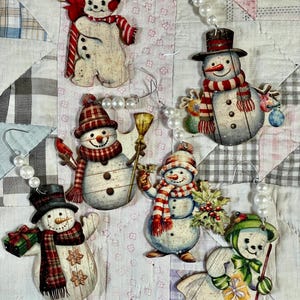 Christmas Snowmen Holographic Glitter Die Cut Out Vintage Inspired Image Retro Wood Ornaments Set of 6 Six Shabby Chic Handmade Doodaba