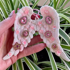 Angel Wings Pink Rhinestone Buttons Sequins Shatterproof Christmas Keepsake Ornament Barbiecore Shabby Chic Handmade Doodaba