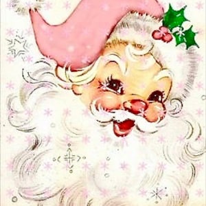 May include: A vintage Christmas card featuring a cartoon Santa Claus with a pink hat and white beard. The background is white with snowflakes.
