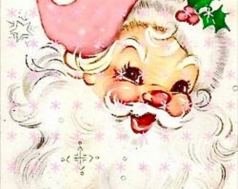 Vintage Christmas Pink Santa Claus Mid Century Modern MCM Graphic Image Art Fabric Block Doodaba