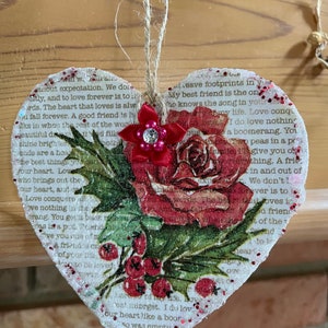 Vintage Christmas Red Rose Holly Script Words Image Decoupaged Ephemera Glitter Wood Heart Ornament Shabby Chic Handmade Doodaba