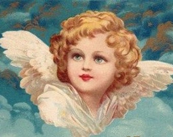 May include: A cherubic angel with golden blonde curls and blue eyes, wearing a white gown and wings against a blue and gold cloud background.