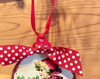 Vintage Girl Child Red Image Decoupaged Ephemera Glitter Wood Christmas Ornament Shabby Chic Handmade Doodaba