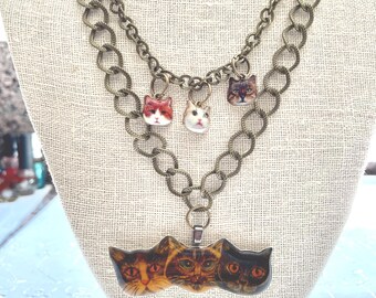 Cats Kittens Statement Assemblage Necklace Doodaba