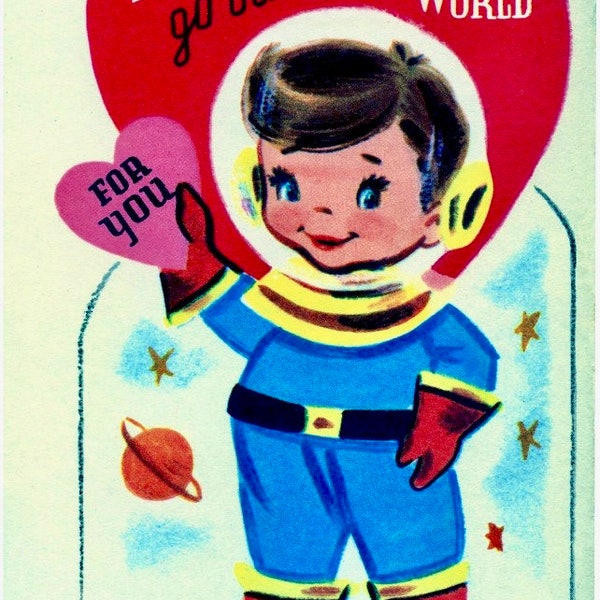 Vintage Mid Century Modern Valentine 50s 60s Astronaut Heart Graphic Image Art Fabric Block Doodaba