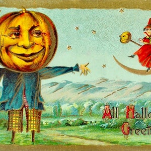 Vintage Halloween Fabric Block: Witch, Pumpkin, Scarecrow (4x6)