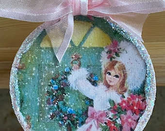 Vintage Pink Woman Girl Image Decoupaged Ephemera Glitter Wood Christmas Ornament Shabby Chic Handmade Doodaba