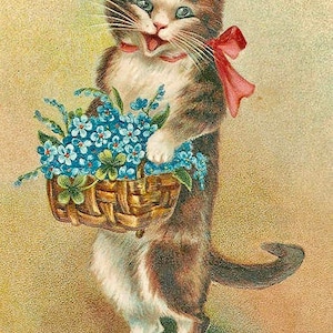 Vintage Victorian Blue Flowers Cat Kitten Pink Bow Victorian Graphic Image Art Fabric Block Doodaba Barbiecore