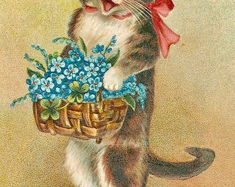 Vintage Victorian Blue Flowers Cat Kitten Pink Bow Victorian