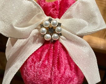Valentine Christmas Pink Fuchsia Velvet Pearls Ball Bauble Reversible Ball Ornament Shabby Chic Shatterproof Handmade Doodaba