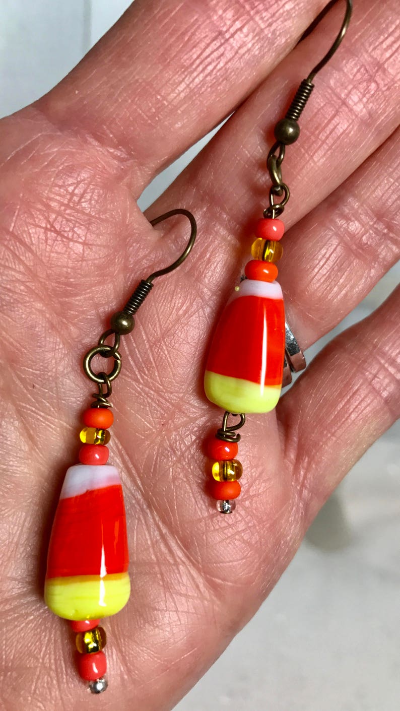 Halloween Candy Corn Lampwork Glass Bronze Dangle Earrings Doodaba