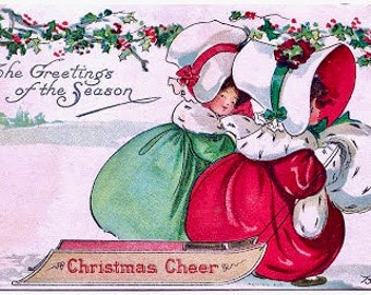 Victorian Vintage Christmas Victorian Girls Snow Graphic Image Art Fabric Block 4" x 6" Doodaba