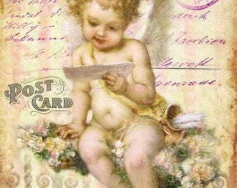 Victorian Angel Cupid Fabric Block, Valentine Cherub Postcard Image Doodaba