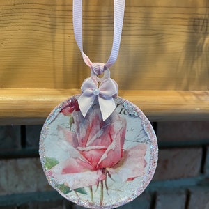 Vintage Pink Rose Victorian Valentine Image Decoupaged Ephemera Glitter Wood Ornament Shabby Chic Barbiecore Handmade Doodaba