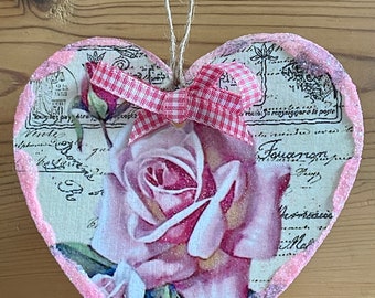 Vintage Pink Rose Image Decoupaged Ephemera Glitter Wood Heart Ornament Shabby Chic Handmade Doodaba