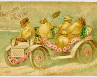 Vintage Victorian Easter Car Chicks Yellow Graphic Image Art Fabric Block Doodaba Barbiecore