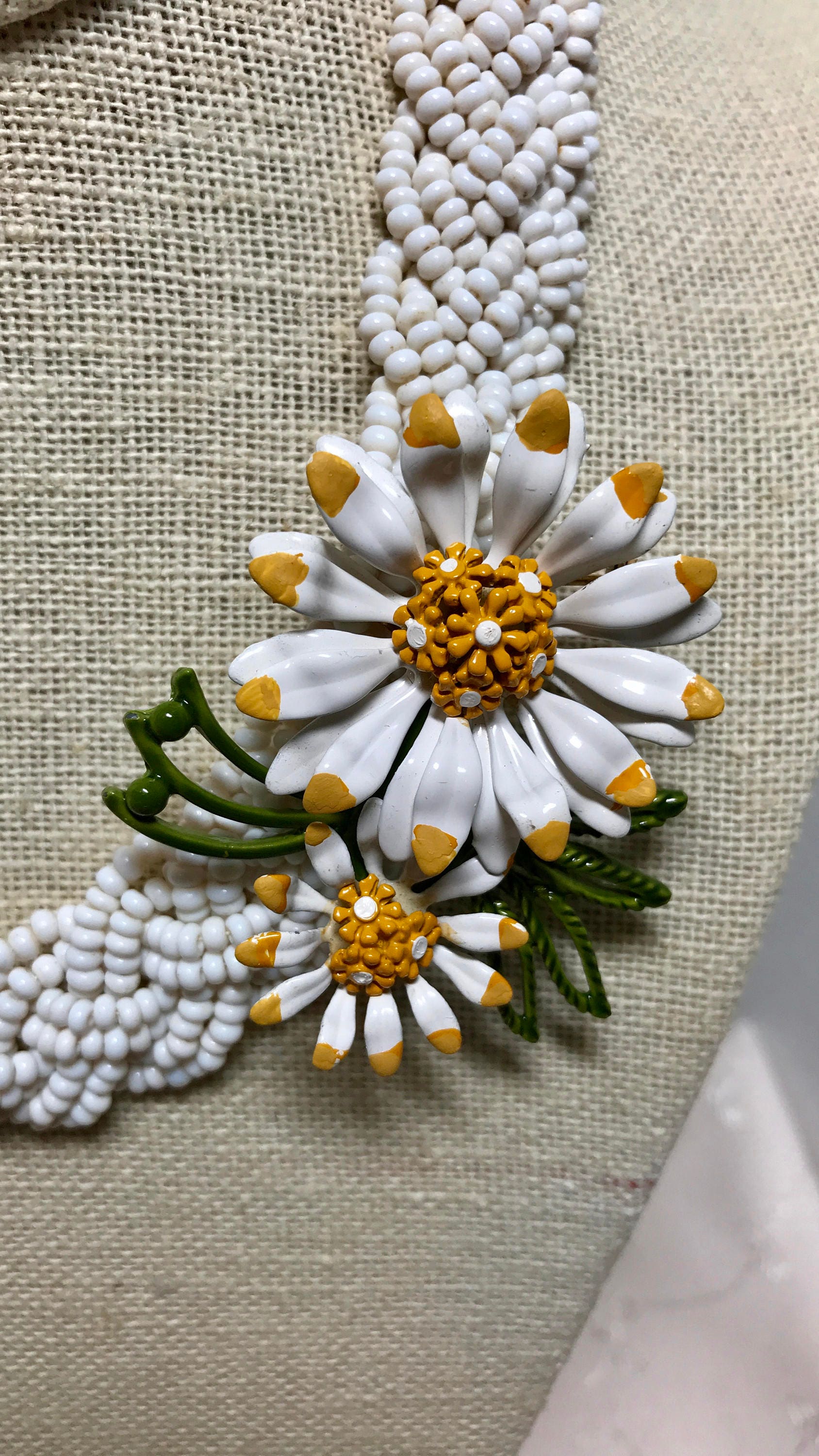 Vintage Repurposed White Yellow Daisy Glass Beads Bib Woven | Etsy