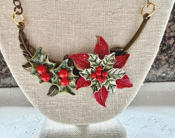 Vintage Christmas Poinsettia Necklace, Red Enamel Floral Statement