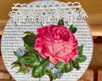 Vintage Victorian Pink Rose Image Script Scrap Relief Words Die Cut Lace Decoupaged Ephemera Wood Ornament Shabby Chic Handmade Doodaba