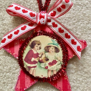 Vintage Valentine Boy Girl Children Image Decoupaged Ephemera Glitter Wood Star Ornament Shabby Chic Handmade Doodaba