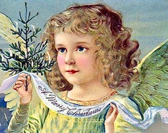 Bloque de tela con imagen gráfica victoriana vintage de ángel y querubín navideño
