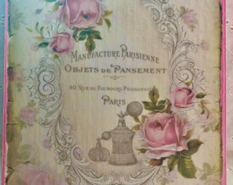 Pink Roses Paris French Decoupage 8x10 Plaque Sign Back Side Crackle Painted Doodaba
