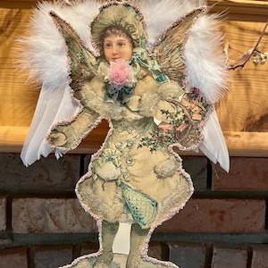 Vintage Image Angel Cherub Feather Wings Pink German Glass Glitter Ephemera Cardstock Christmas Ornament Shabby Chic Handmade Doodaba